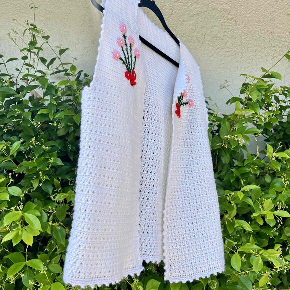 Vintage Crochet Knit Vest Floral Embroidery White Pink Womens OS - Picture 4 of 7